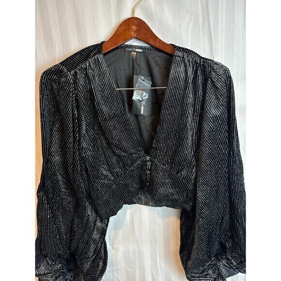 Embellished  Velvet Rhinestone Balloon Sleeve Blouse size S RefM25 - Picture 6 of 9